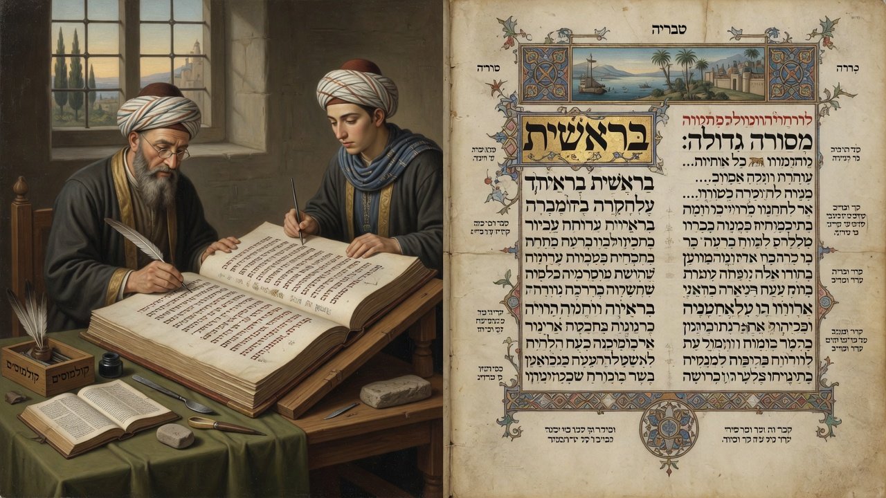 Medieval Masorete scribes illuminating a Hebrew Bible codex with niqqud and Masoretic notes
