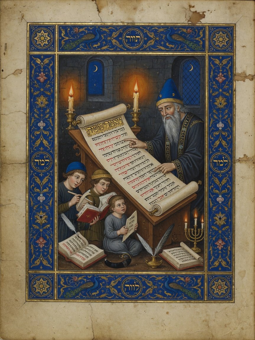Medieval Jewish teacher instructing students in vocalized Hebrew from a parchment scroll