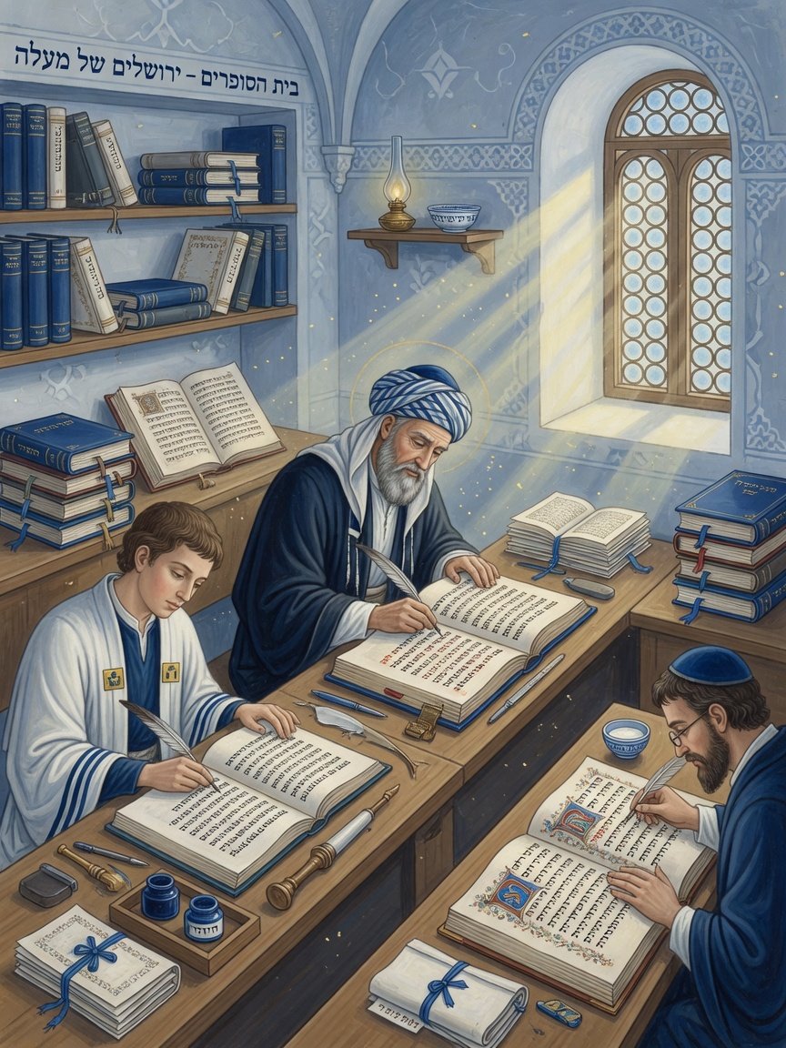 Medieval scriptorium with scribes copying Hebrew and Aramaic manuscripts
