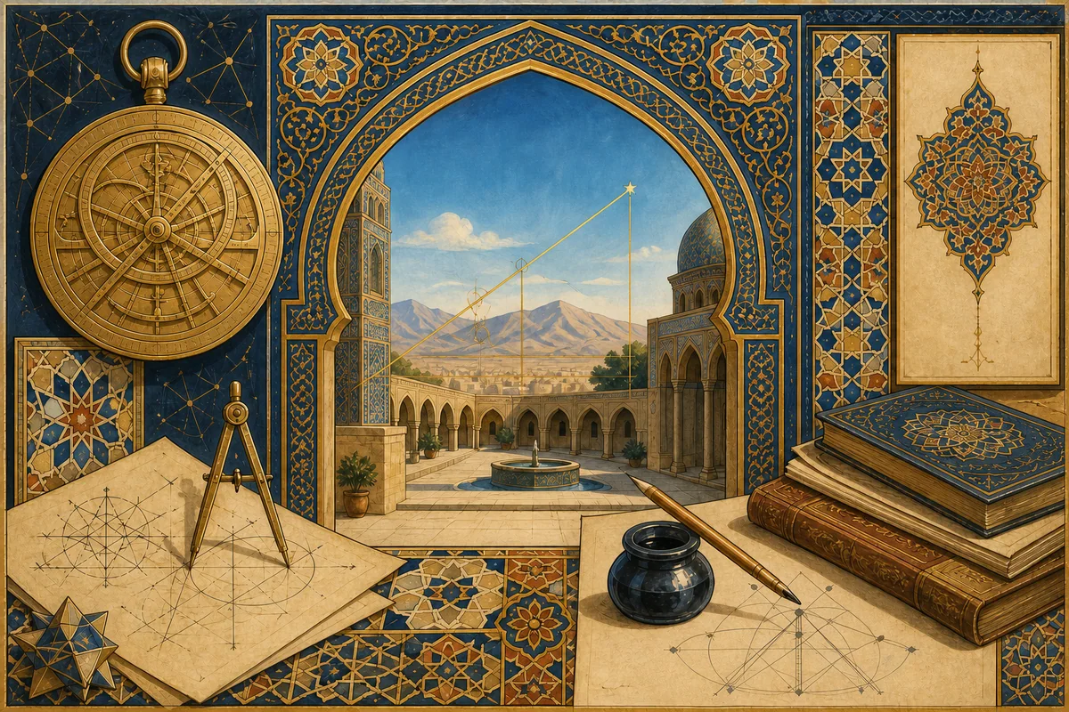 An imagined manuscript atelier joining calligraphers, geometers, and astronomers under Andalusian arches.