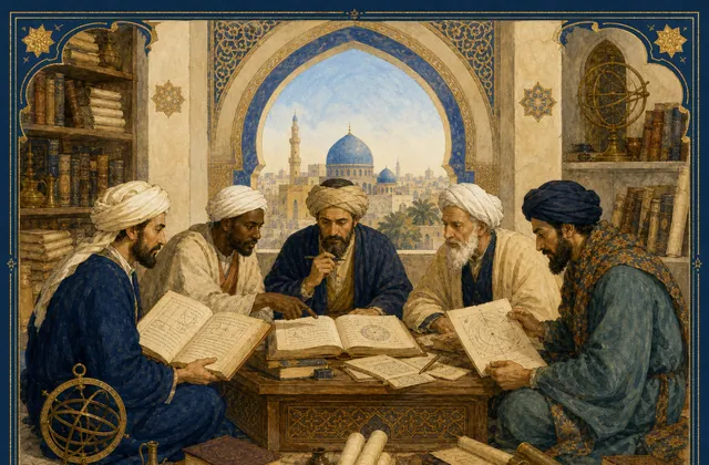 Scholars in Baghdad's Bayt al-Hikma consulting scrolls and armillary spheres.