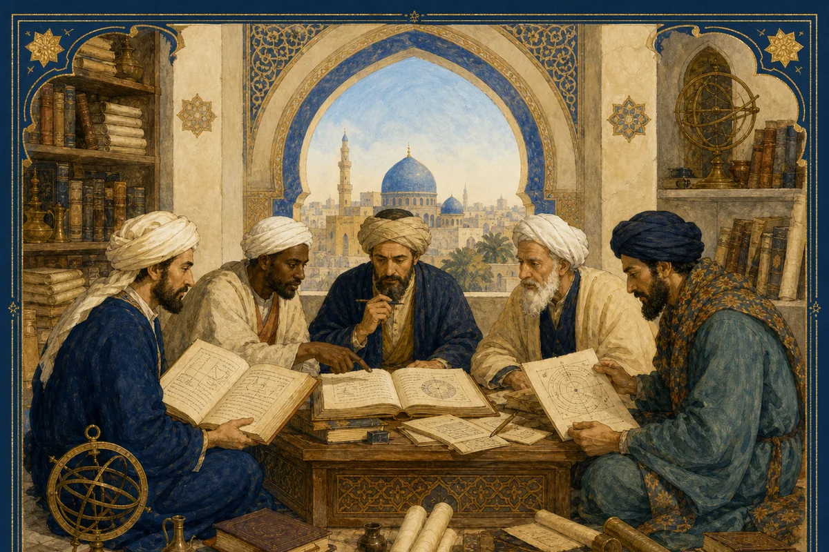 Scholars working among codices and celestial globes in the House of Wisdom.