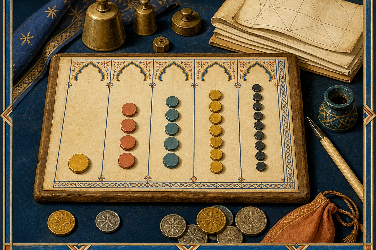 A design table with drafting tools, geometrical diagrams, and calculation parchment.