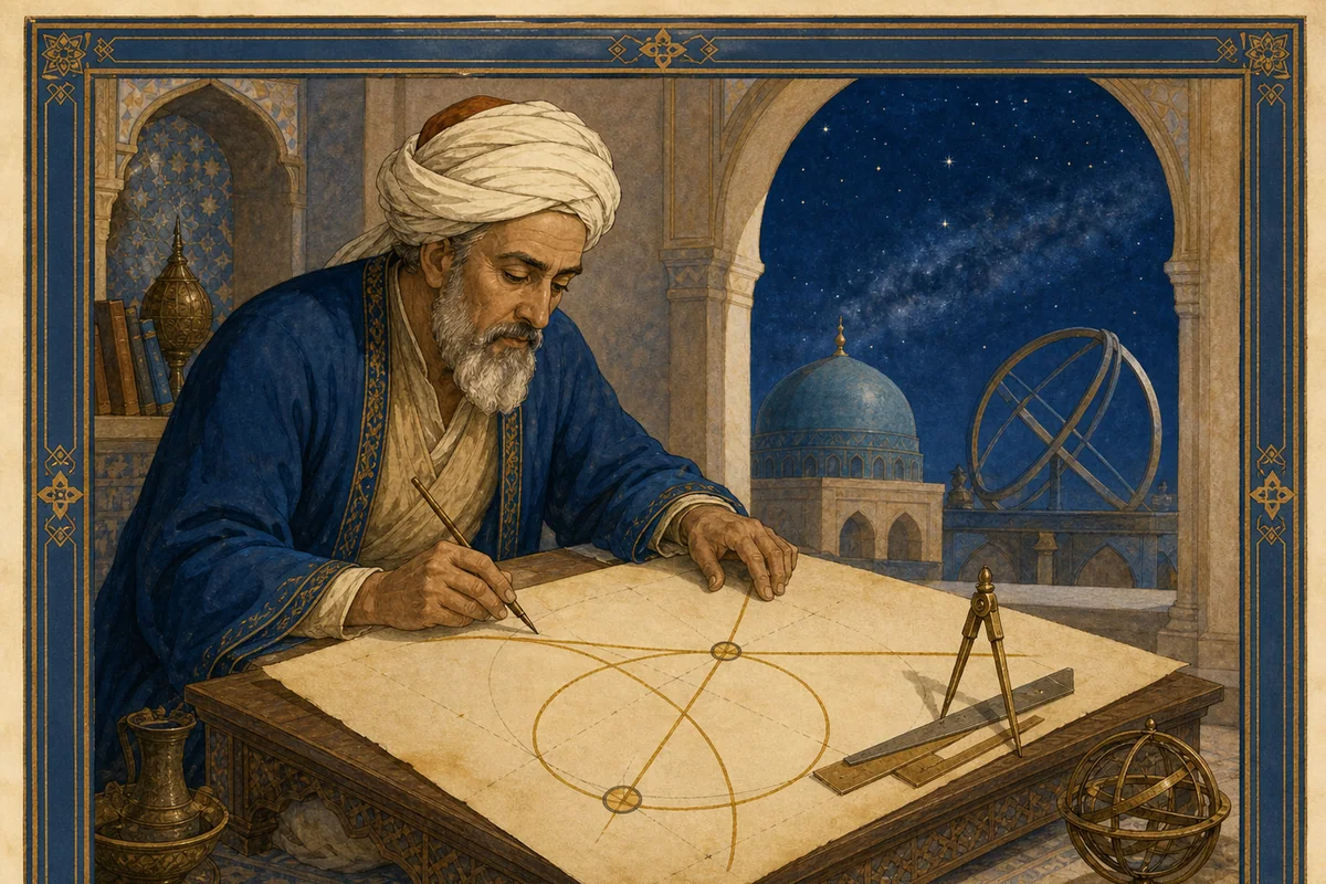 Omar Khayyam solving cubic curves geometrically with geometric instruments.