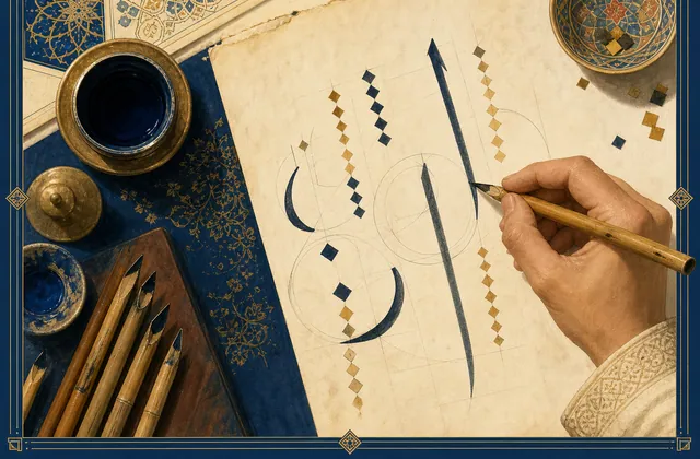 Proportioned calligraphy showing reed pen nuqta rhombuses and circular standard bounds.