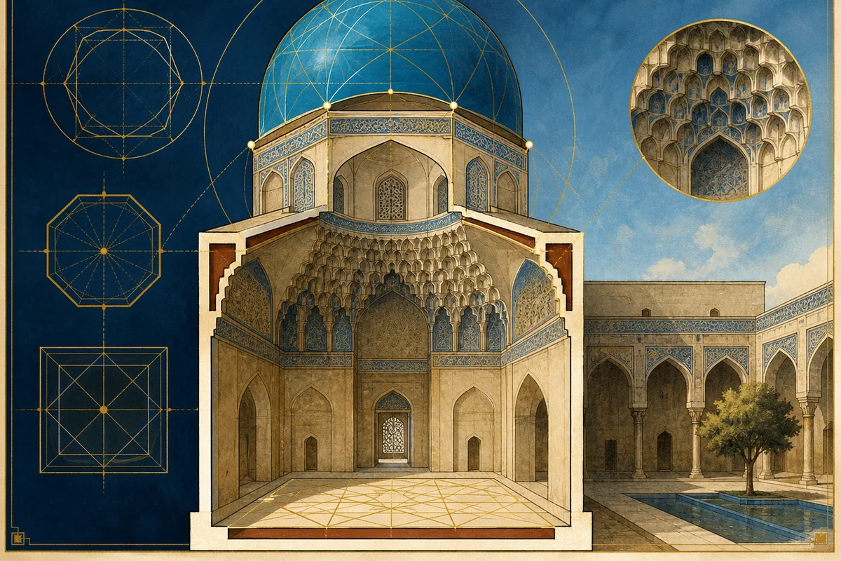 Architectural elevations showing polylobed arches, ribbed domes, and corbeled muqarnas.