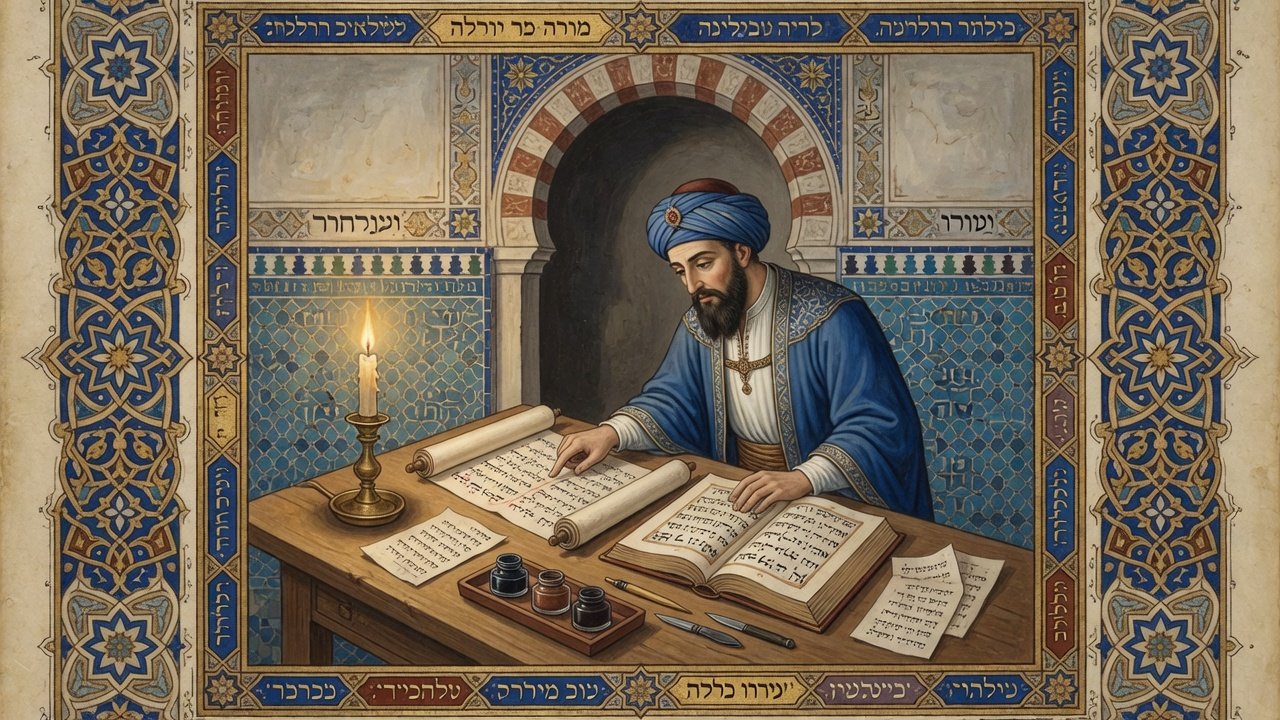 Arabic and Hebrew philological study side by side on a medieval scholar's desk