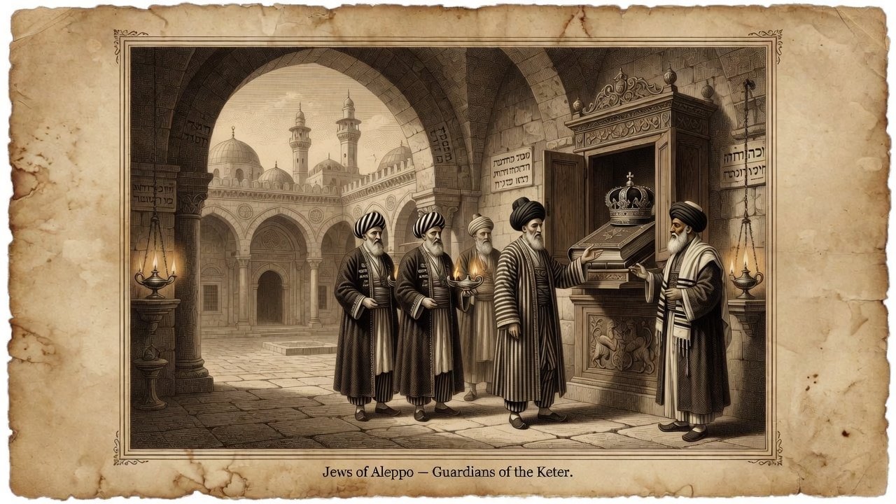 Original illustration: Jews of Aleppo as guardians of the Keter in the Great Synagogue