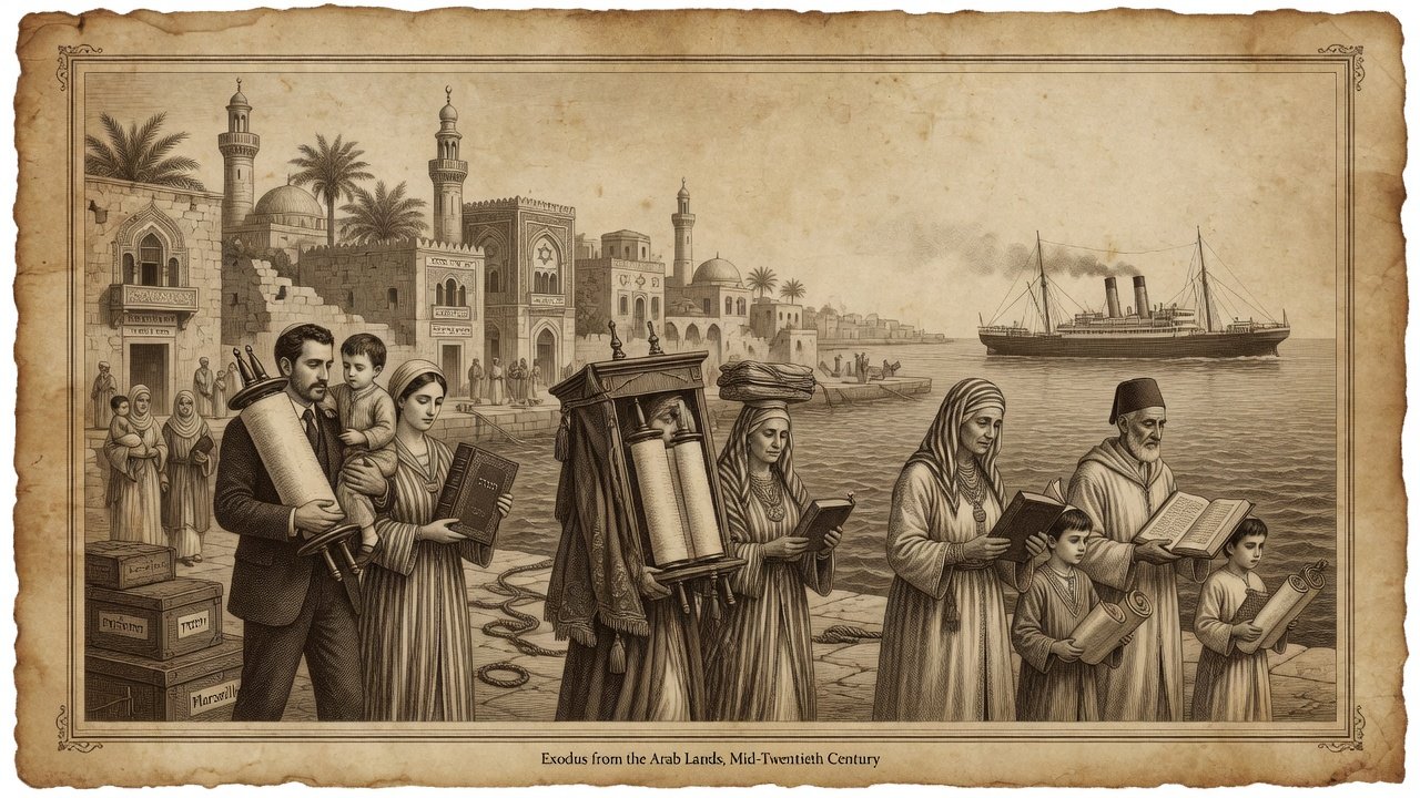 Original illustration: mid-twentieth-century departure of Jewish families from Arab lands with Torah scrolls and family Bibles