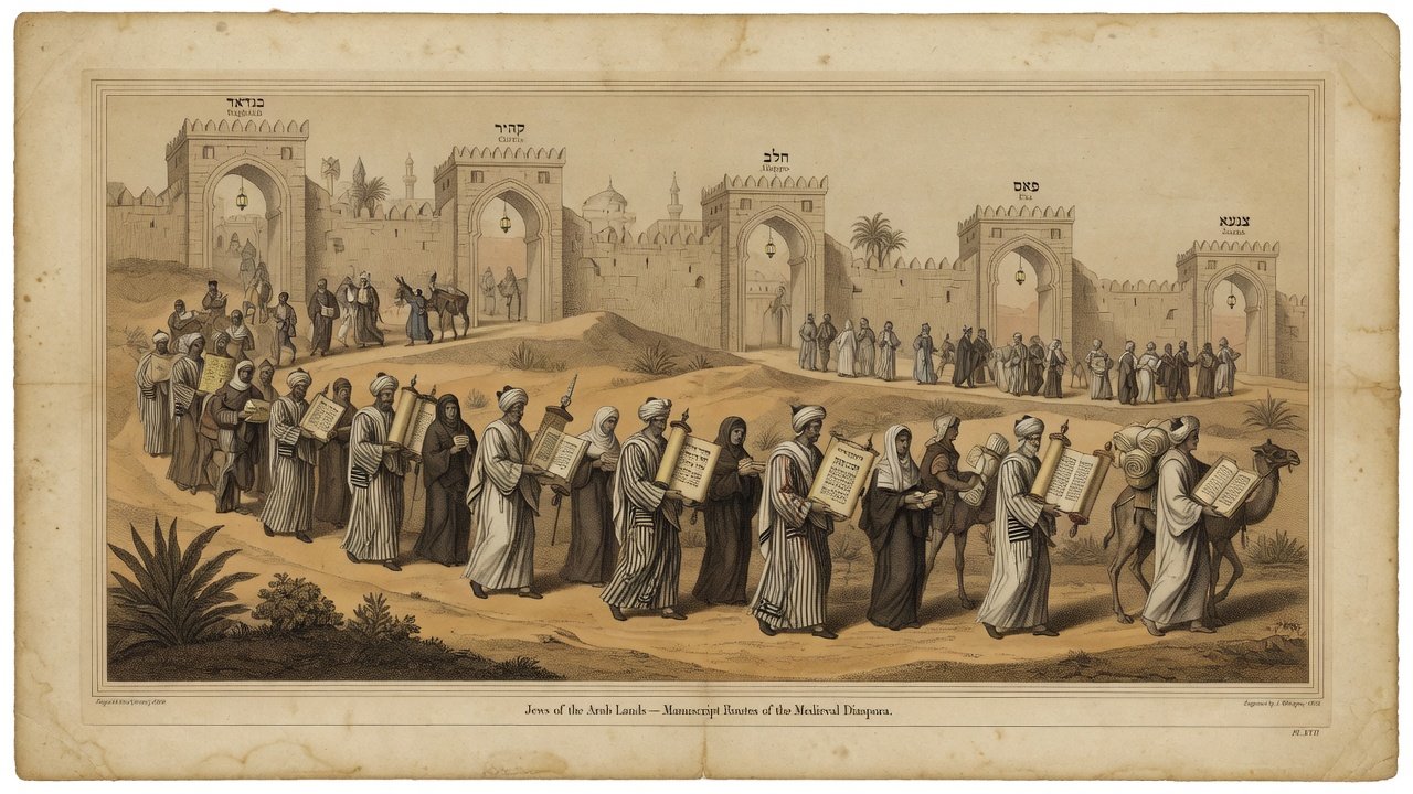 Original illustration: Jewish scholars and merchants carrying Hebrew codices along manuscript routes between Baghdad, Cairo, Aleppo, Fez, and Sanaa