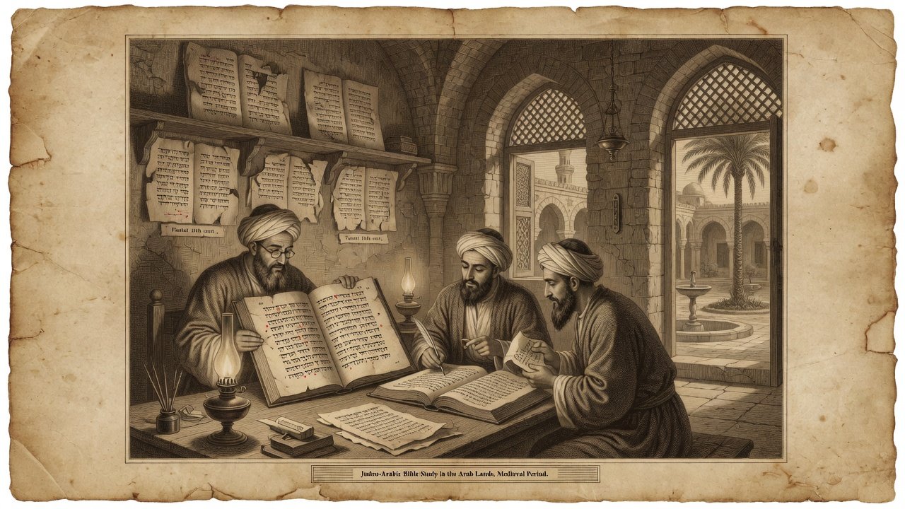 Original illustration: medieval Judeo-Arabic Bible study under oil lamps with Masoretic codices and manuscript fragments