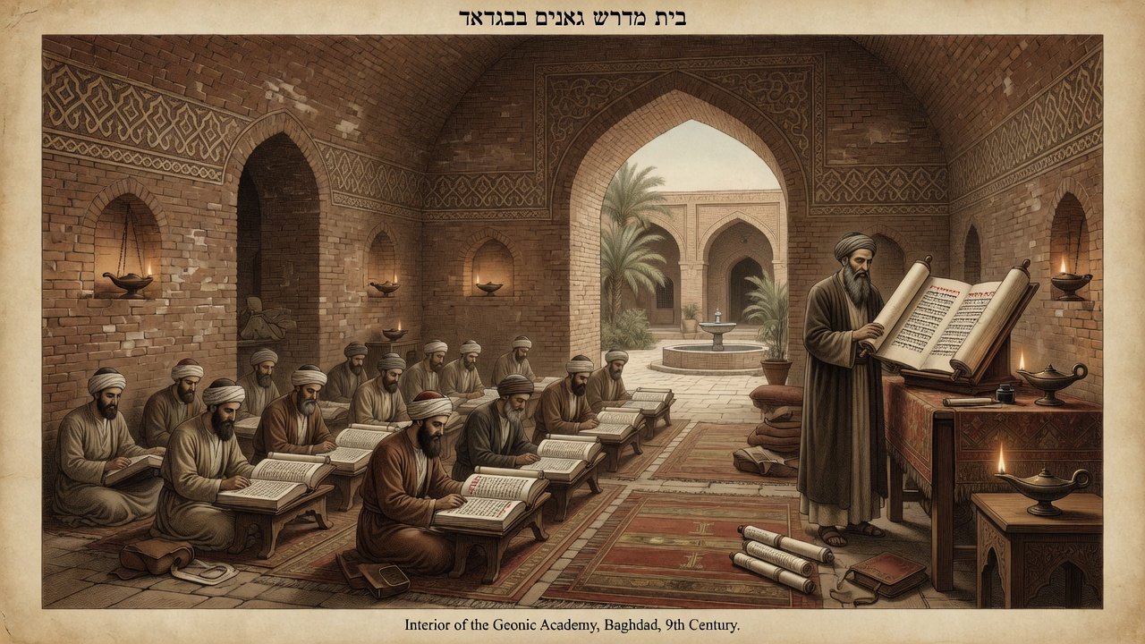 Original illustration: Geonic students studying vocalized Torah manuscripts in an Abbasid Baghdad academy