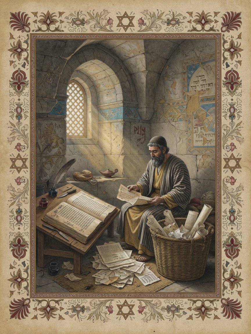Original illustration: a Fustat scribe sorting Hebrew Bible fragments into the Ben Ezra Genizah