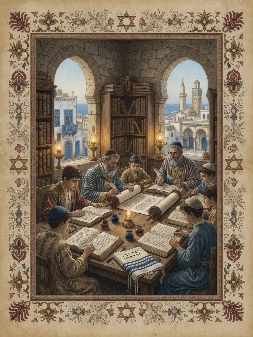 Original illustration: Jewish Bible study and soferim in Casablanca