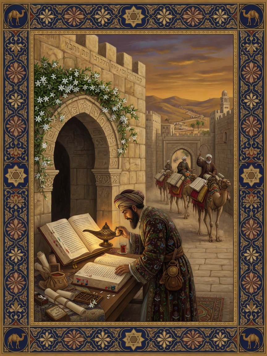 Original illustration: a Damascene scholar comparing Hebrew codices at a Levantine caravan crossroads