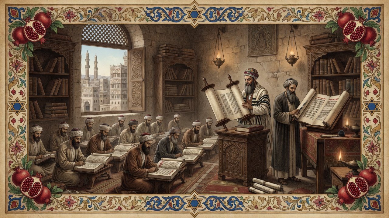 Original illustration: Torah reading with Targum in a Sanaa synagogue