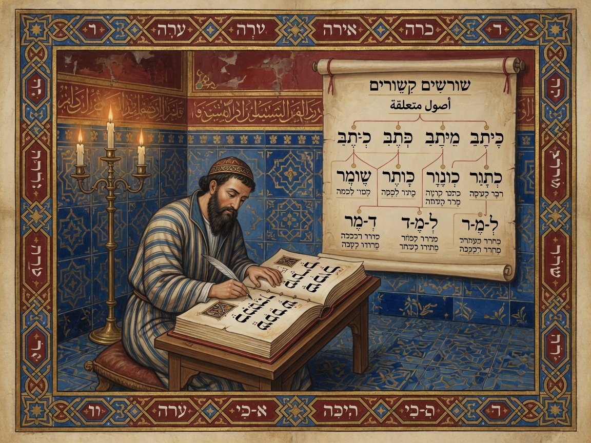 A medieval scholar diagramming Hebrew triliteral roots beside Arabic grammatical science