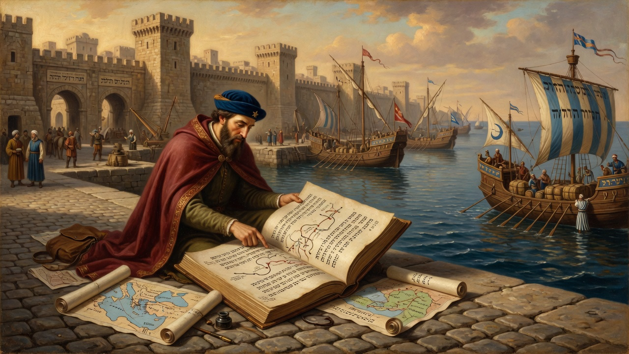 Original illustration of Benjamin of Tudela studying his itinerary at a Mediterranean harbour