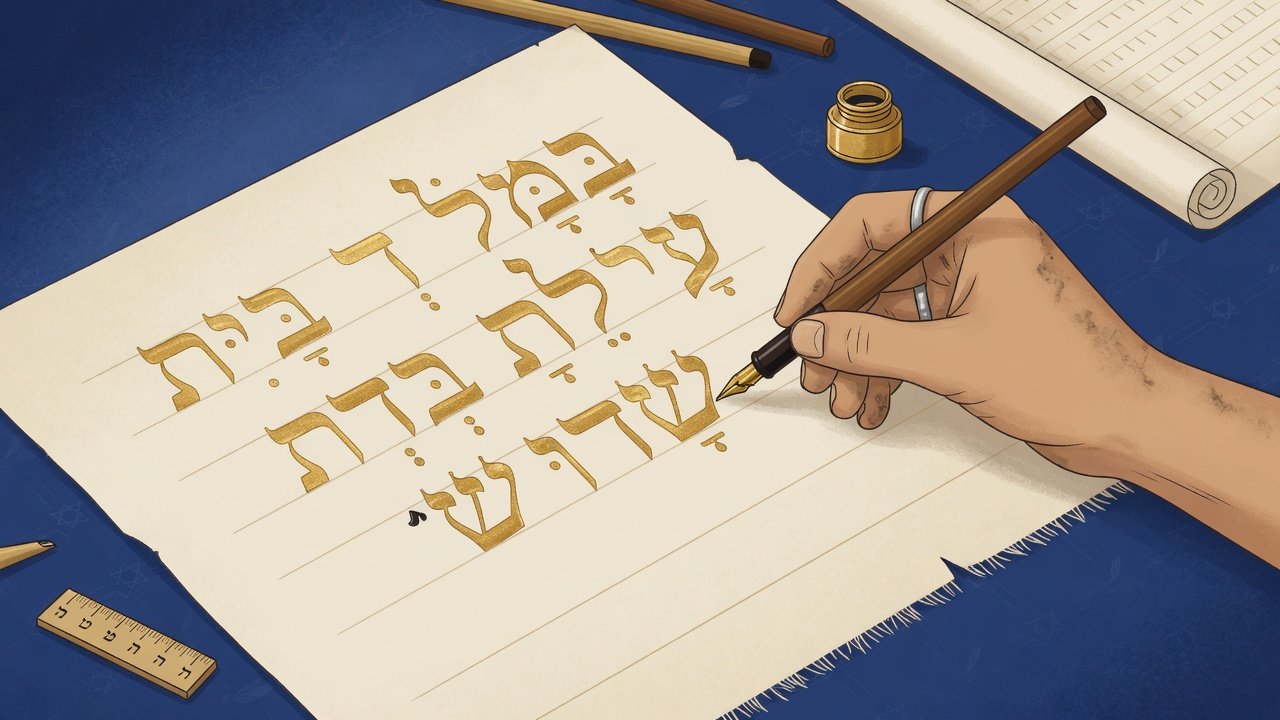 Scribe writing Hebrew calligraphy with a reed pen
