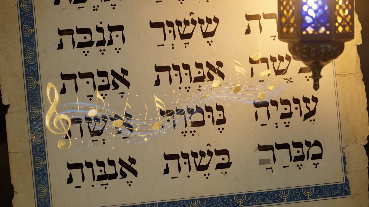 Hebrew manuscript with musical notes rising in golden light