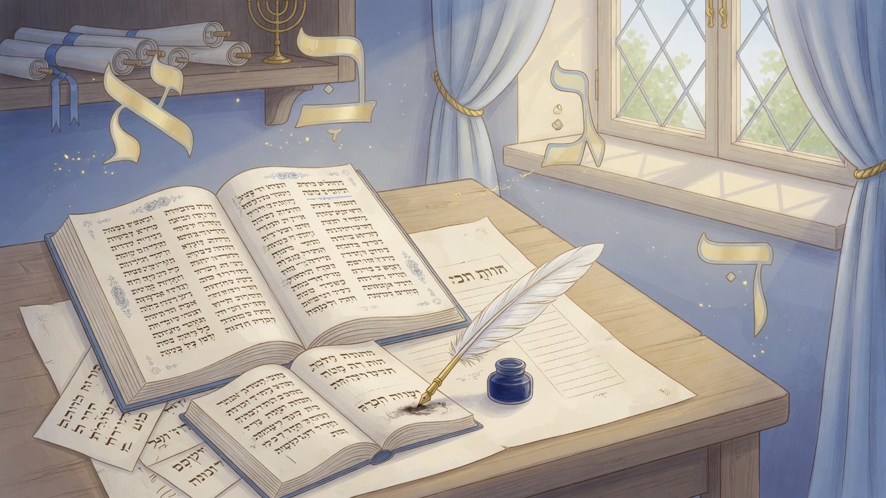 Hebrew manuscripts, letters, and soft study light inviting learners into the course