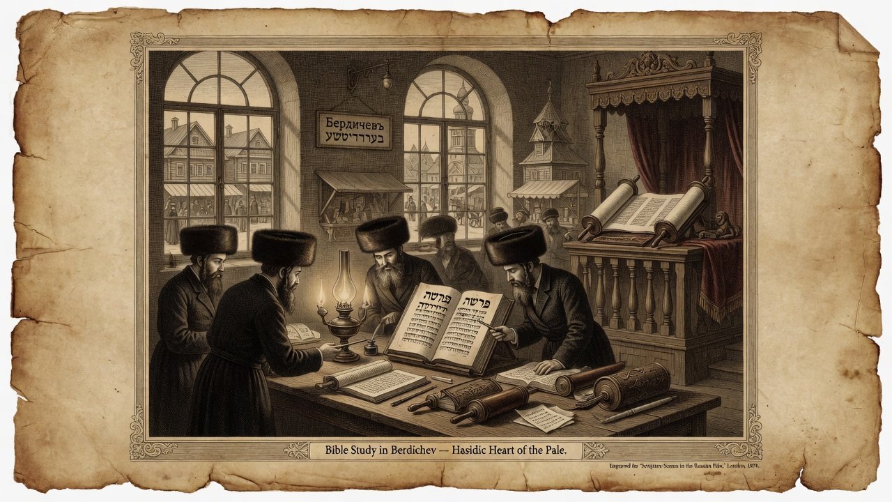 Original illustration: Hasidic Bible study with pointed Torah codices in nineteenth-century Berdichev