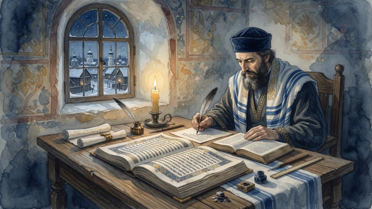 Medieval Jewish scholar with Hebrew Bible codex in 12th-century Chernihiv