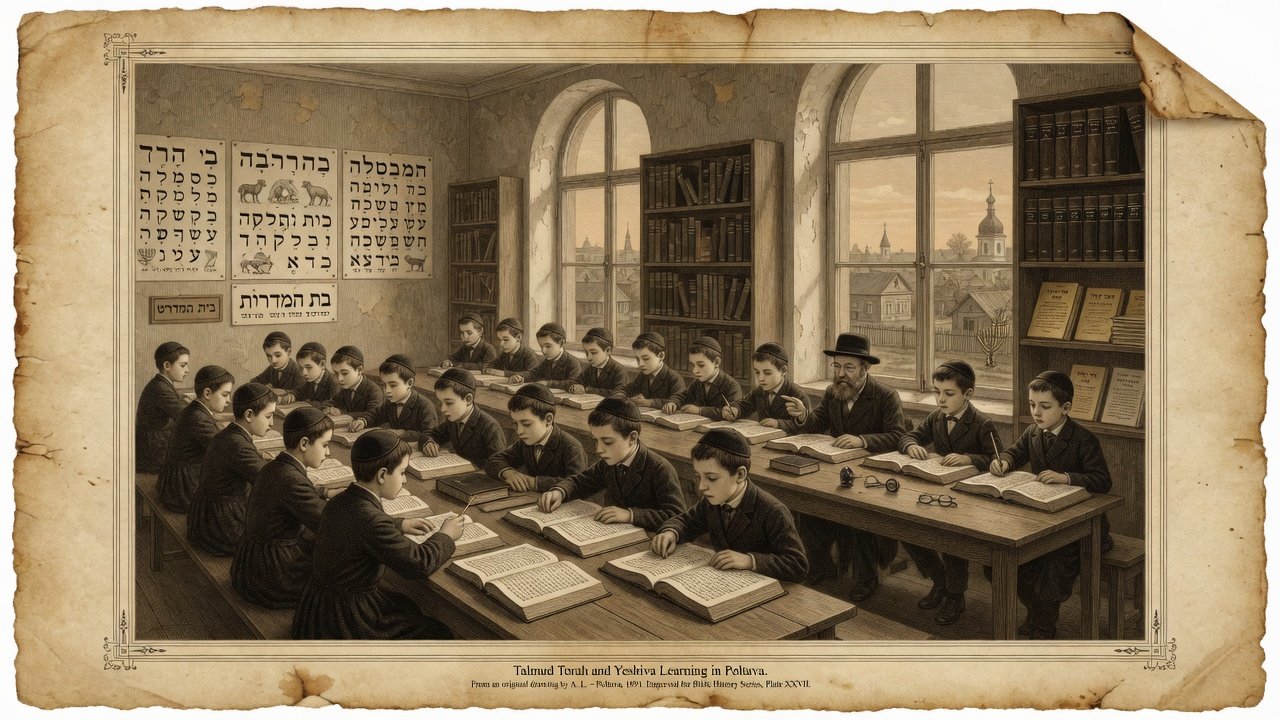 Original illustration: Talmud Torah and yeshiva Bible study with pointed Hebrew books in late imperial Poltava
