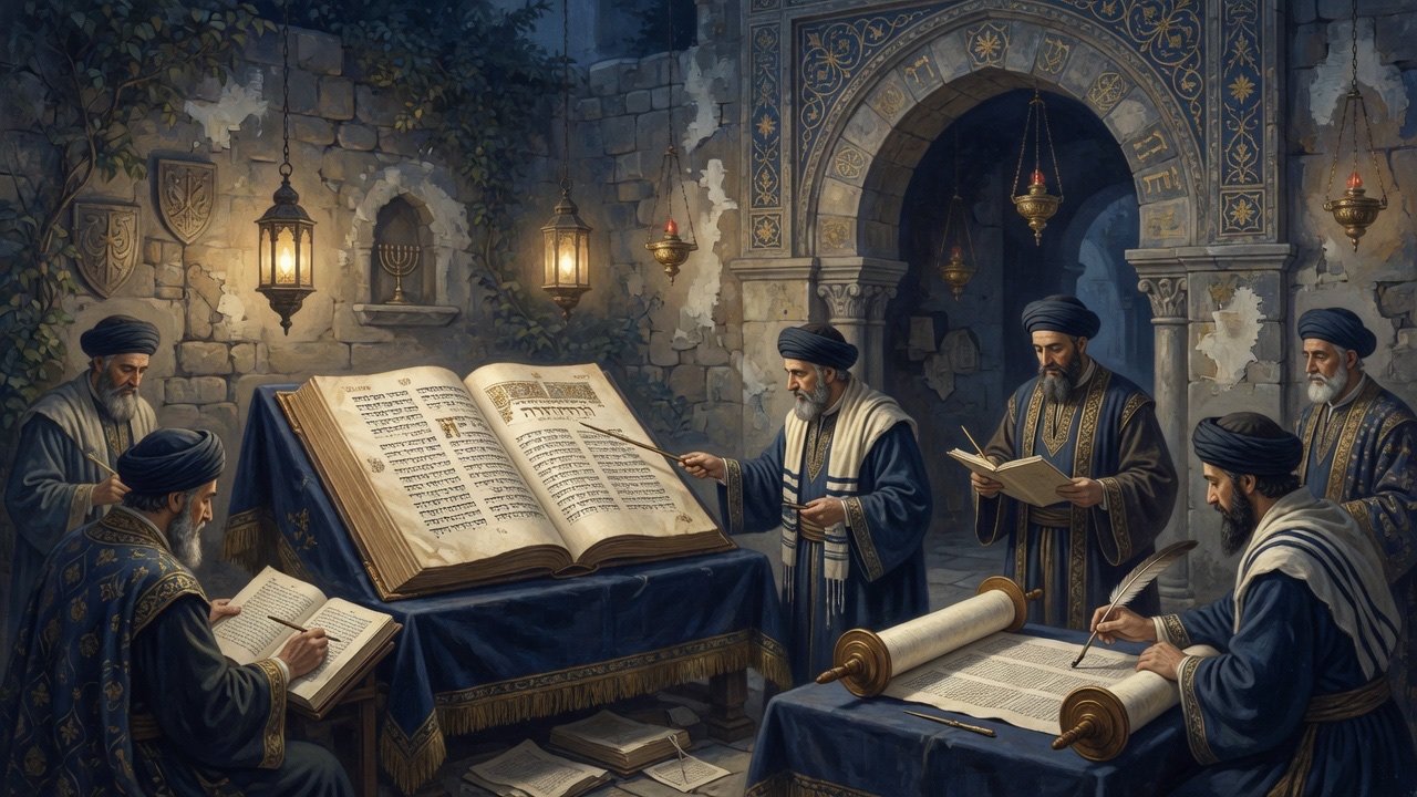 Medieval Iberian Jewish aljama: elders and soferim with a pointed Hebrew codex and Torah scroll in a navy-and-gold scholarly illustration
