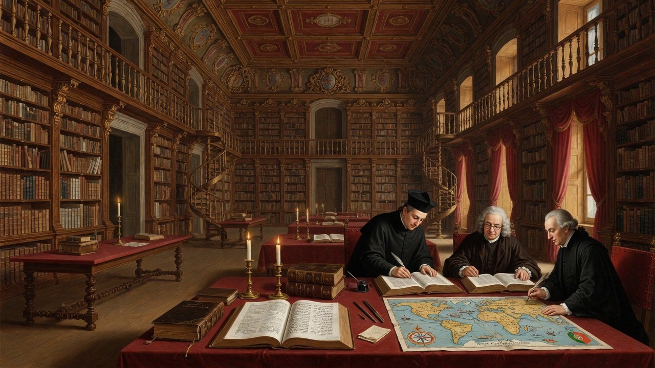 Wide 16:9 view of a Coimbra university library with scholars studying Bibles and atlases