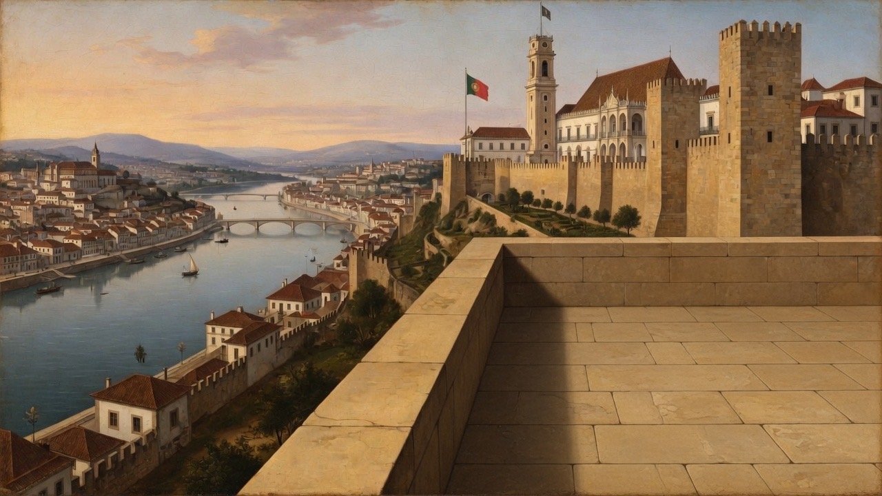 Wide 16:9 view of Coimbra scholars with Bibles overlooking the Mondego and university towers
