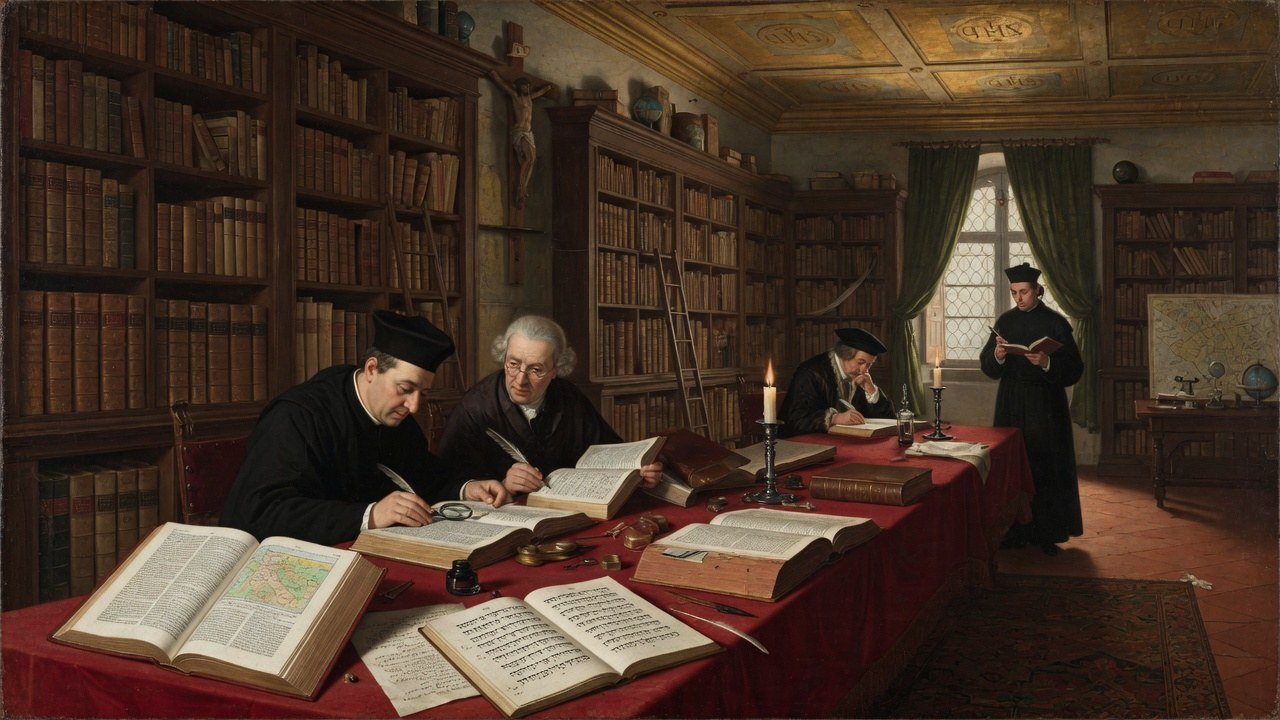 Wide 16:9 view of a Lisbon college library with scholars studying Latin and Portuguese Bibles