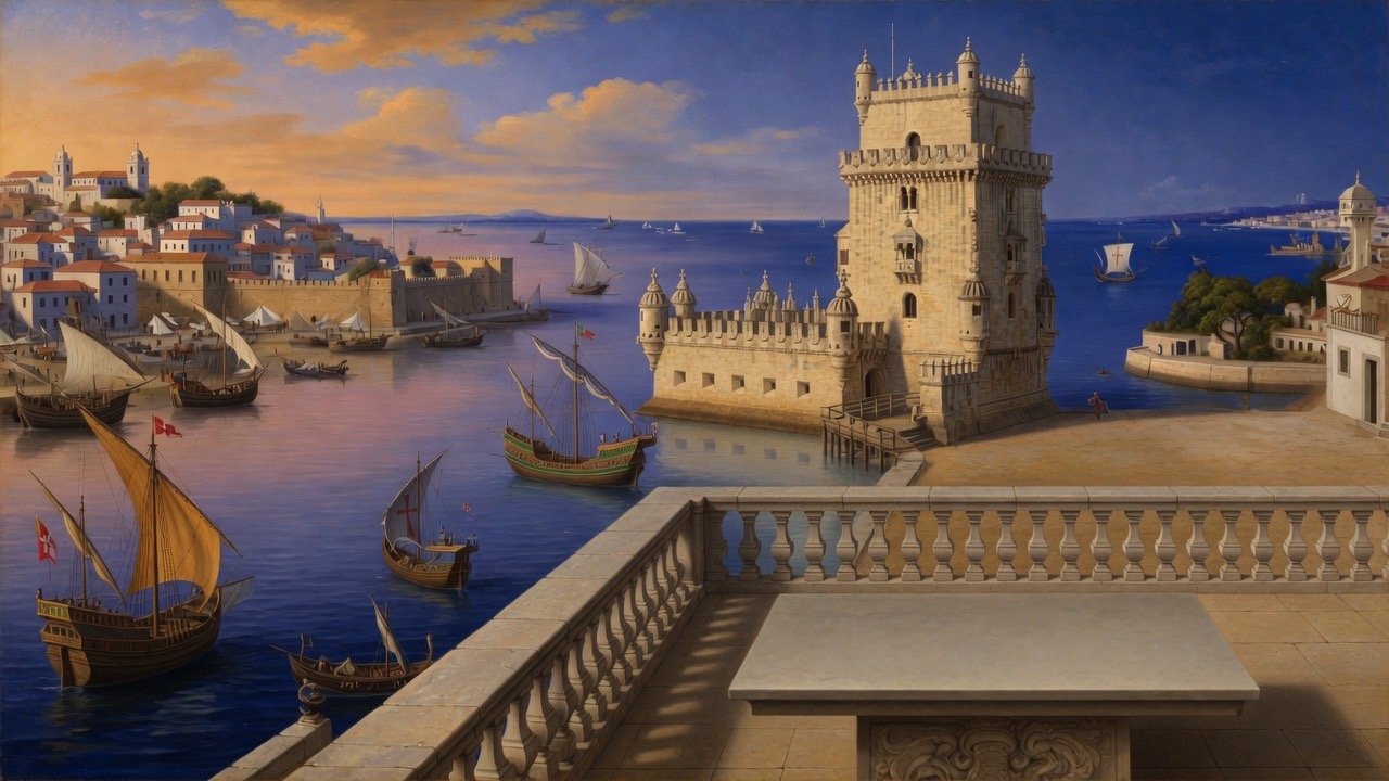 Wide 16:9 view of Lisbon scholars with Bible and maps overlooking the Tagus and ships