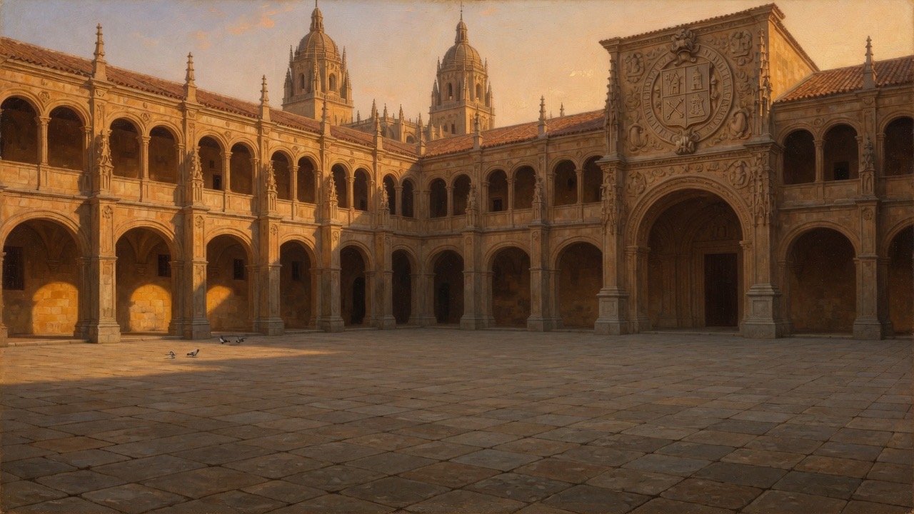 Wide 16:9 view of scholars with Hebrew, Greek, and Latin Bibles in the University of Salamanca courtyard