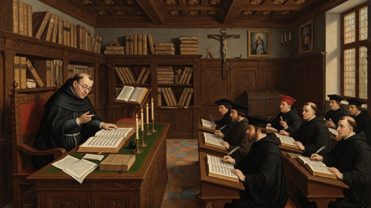 Wide 16:9 view of a sixteenth-century Salamanca Hebrew classroom with friar-professor and students