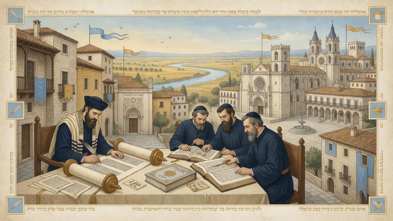 Castilian Valladolid: Jewish scholars and soferim with Hebrew codices and a Torah scroll in a scholarly navy-and-gold illustration