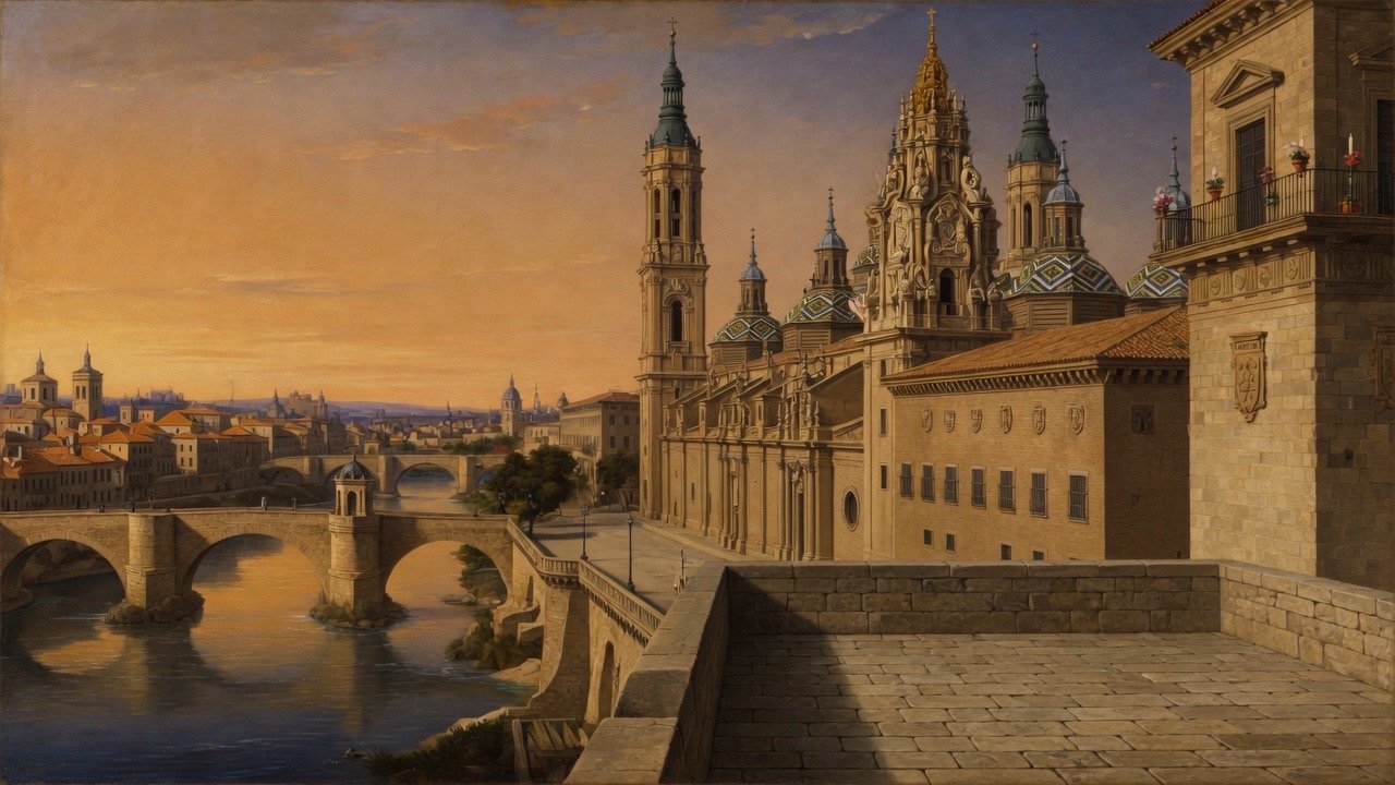 Wide 16:9 view of Zaragoza scholars with trilingual Bibles by the Ebro and cathedral towers