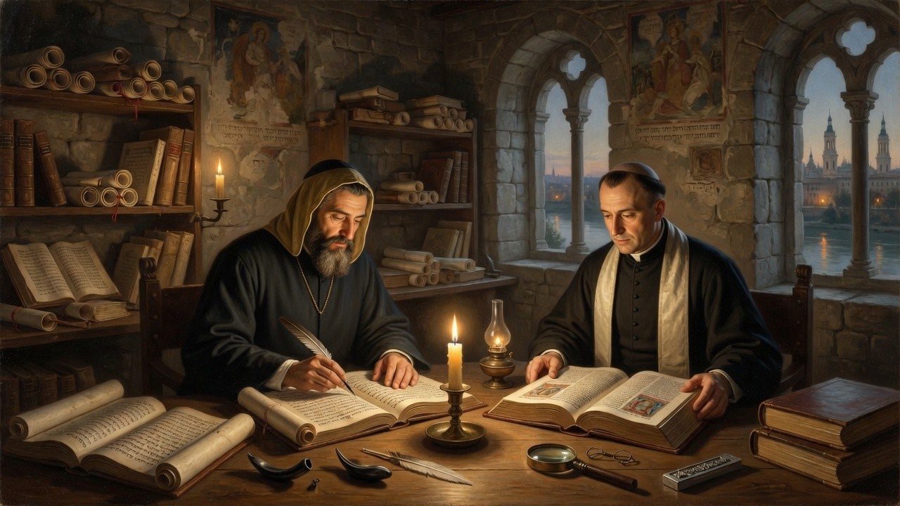 Wide 16:9 view of Hebrew and Latin scholars comparing manuscripts in a Zaragoza scriptorium