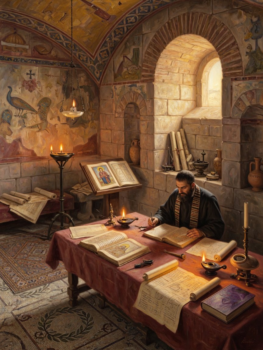A late antique scholarly study with manuscripts and oil lamps