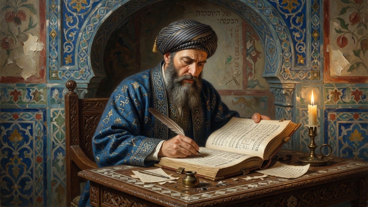 Medieval Hebrew grammarian writing a pointed biblical manuscript