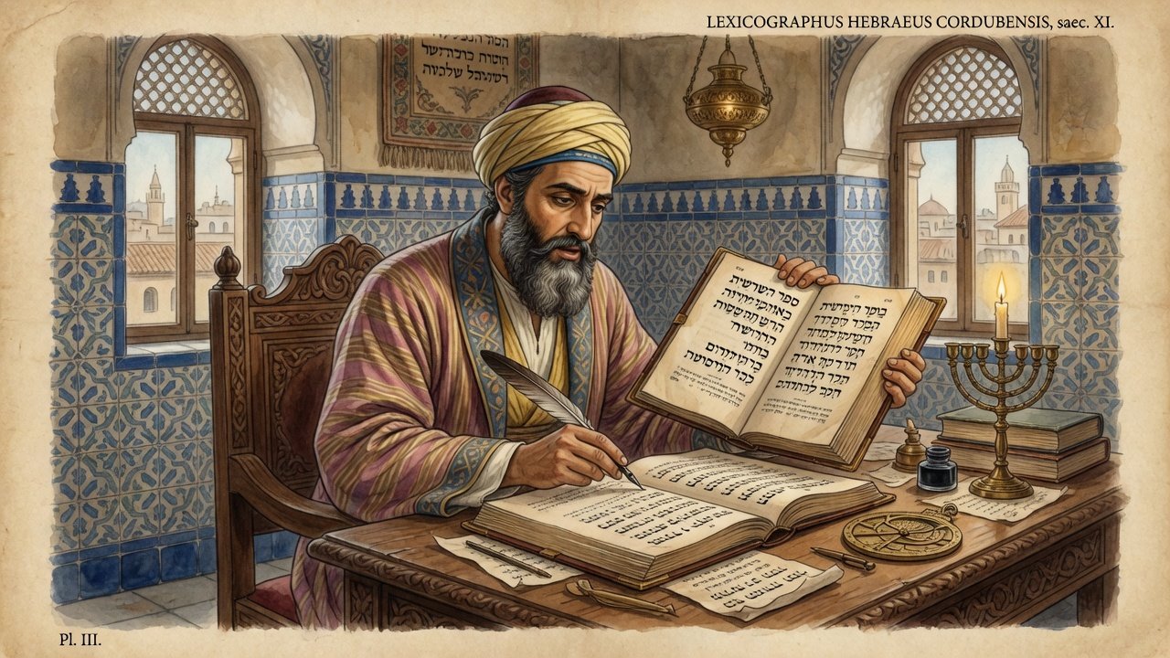 Original illustration: a medieval Hebrew lexicographer with a visible face, consulting an open Bible codex and root dictionary in an Andalusian study