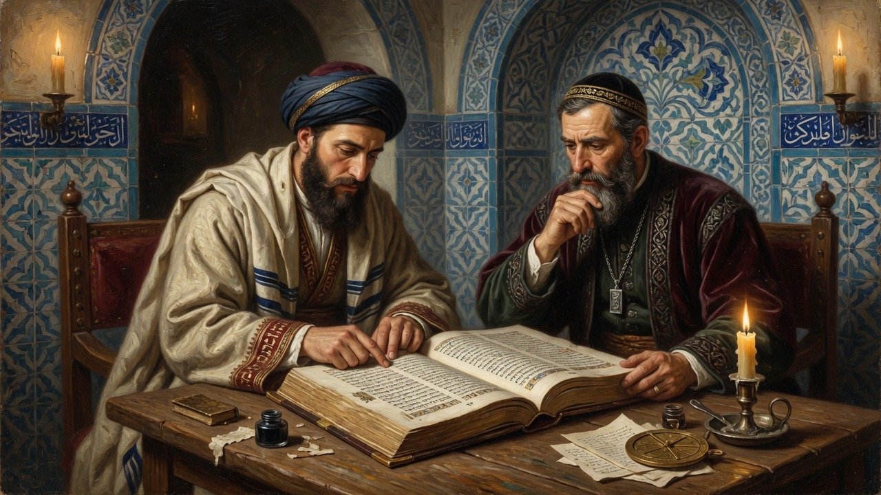 Medieval Jewish scholars studying a pointed Hebrew Bible manuscript
