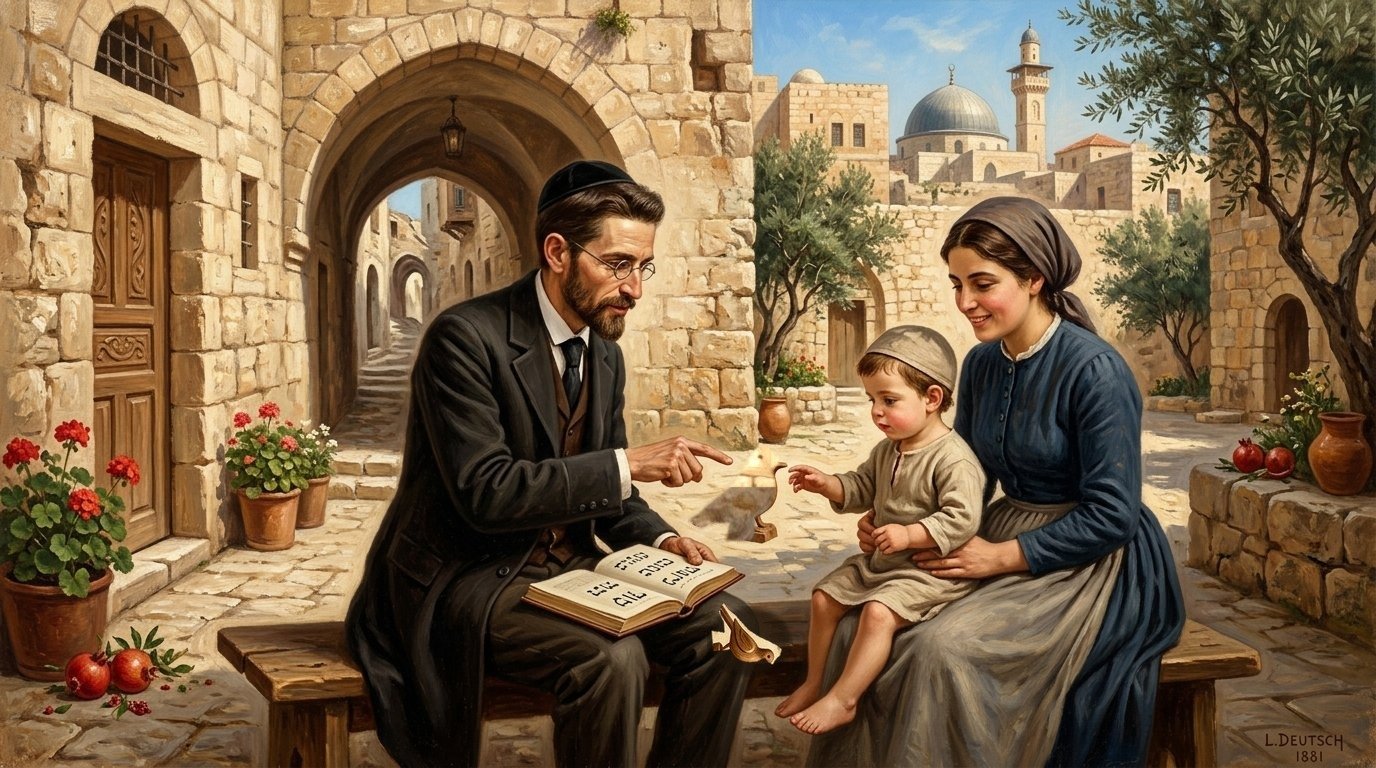 Fine-art academic oil painting of Eliezer Ben-Yehuda, Devora Jonas, and their infant son Ben-Zion in their sunlit 1881 Jerusalem stone courtyard teaching the first native spoken Hebrew words