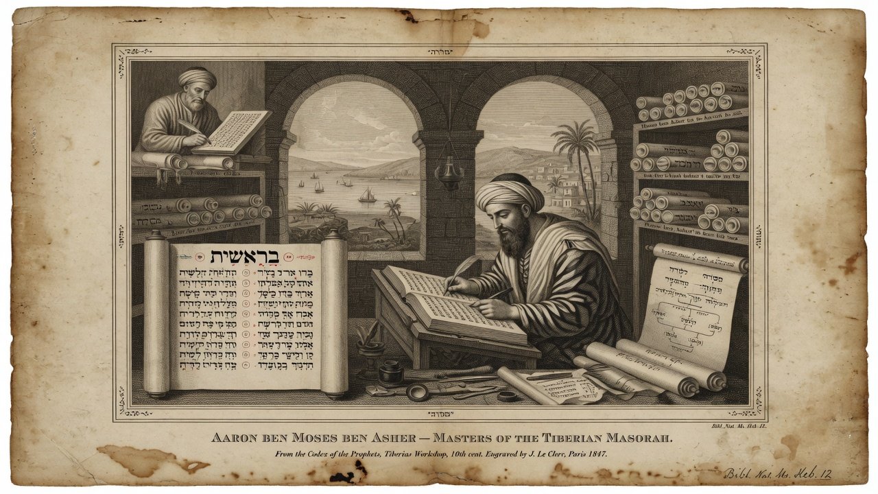 Original illustration: Aaron ben Moses ben Asher adding vowels and Masorah to a Hebrew Bible codex in Tiberias