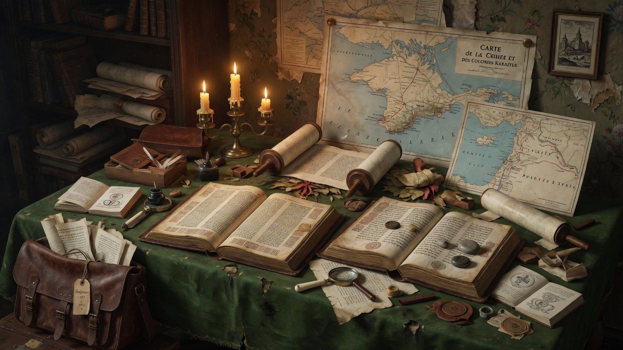 Nineteenth-century scholar’s table with Hebrew codices, fragments, and travel maps, evoking Abraham Firkovich’s collecting journeys