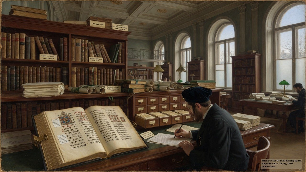 Imperial library study with Hebrew manuscripts and open codices, evoking Abraham Harkavy’s scholarly world