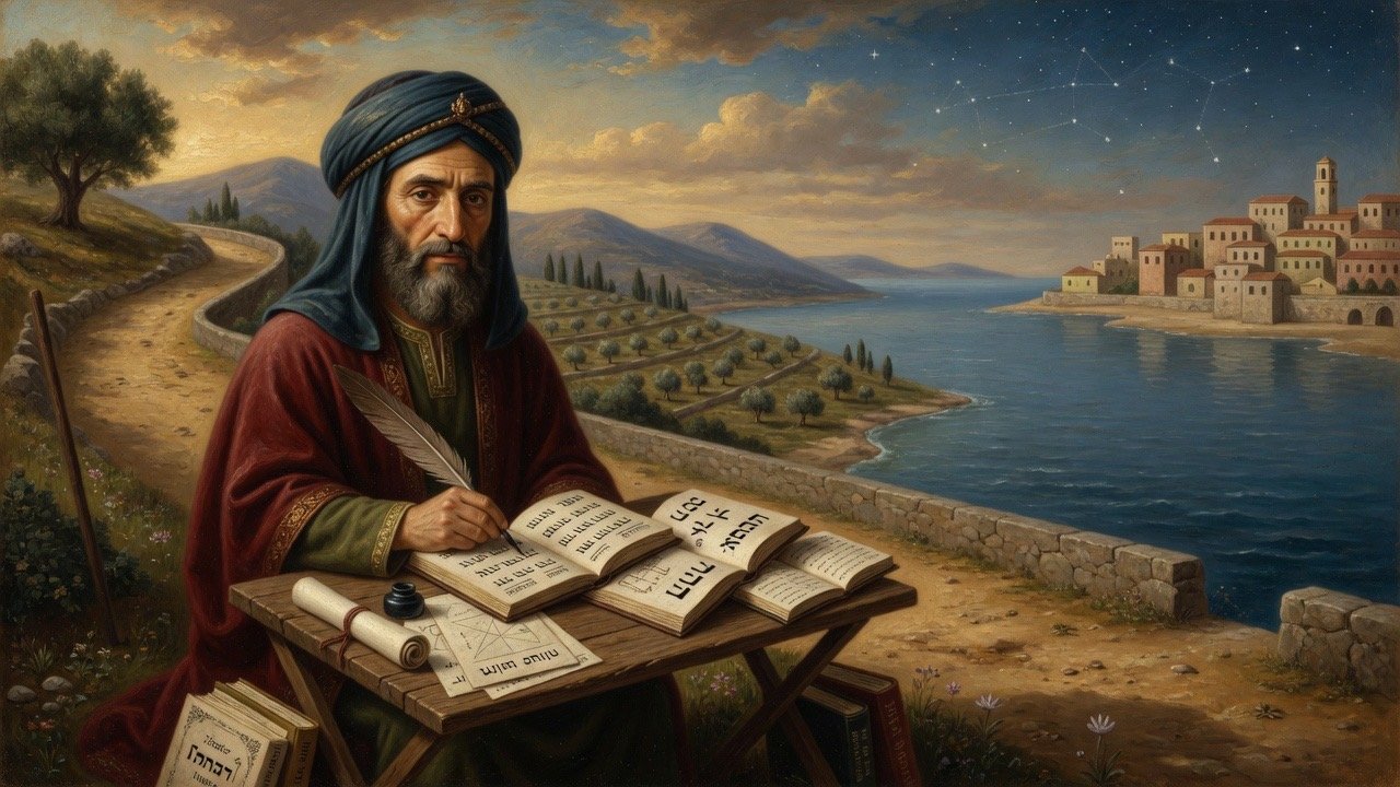 Cartoon illustration of Abraham ibn Ezra studying Hebrew Bible and grammar on his travels