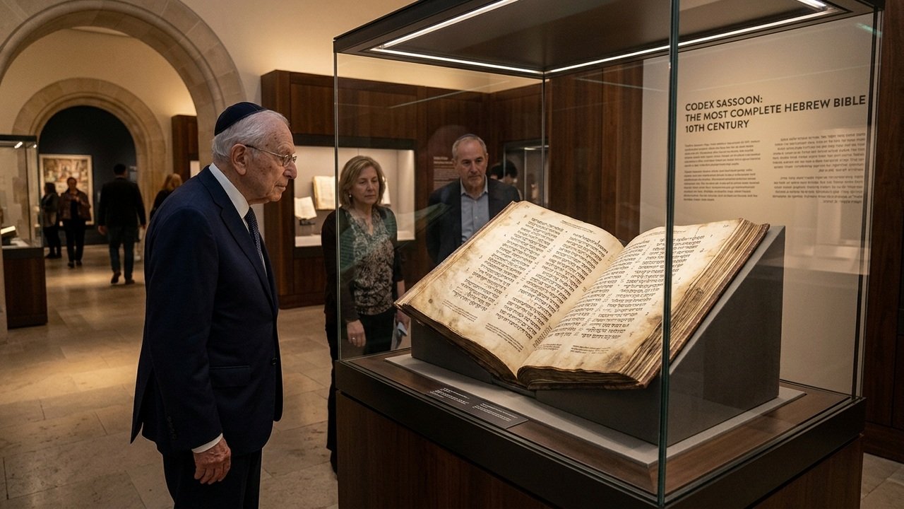 Museum gallery with a large open medieval Hebrew Bible codex in a glass case, suggesting public stewardship of Codex Sassoon
