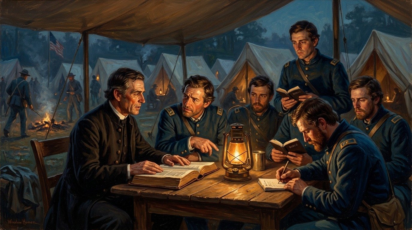 Dramatic historical oil painting of a Civil War Army chaplain and soldiers intensely examining open Bibles and scripture tracts by lantern light in an army encampment