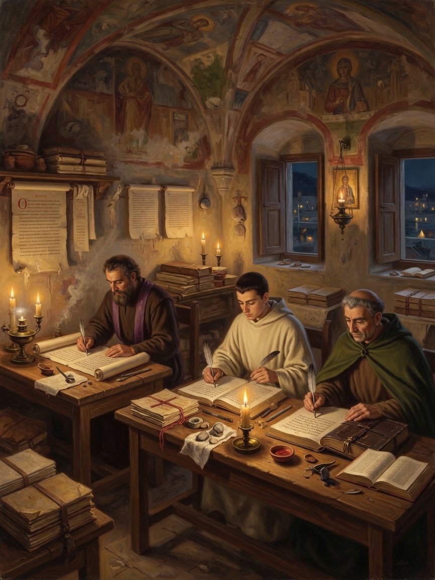 Early Christian scribes producing ancient Bible versions